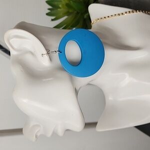 Turquoise Blue Wood Mod Circle Hoop Earrings